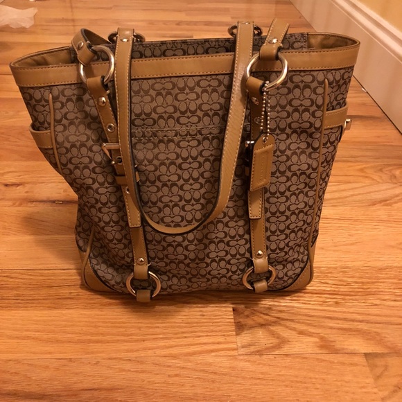 Coach canvas tote with leather trim